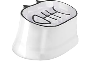 Y YHY Slow Feeder Cat Bowl, 7 Inches Elevated Cat Food Bowl Tilted Design, Dog Slow Feeder Bowl with no Black Chin, Fish Bone Slow Feeder for Dry and Wet Food, White