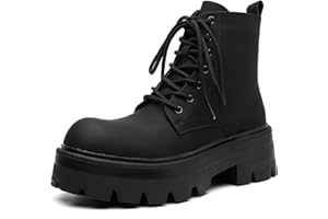 Mens Platform Chunky Heel Combat Boots Retro Wide Toe Side Lace - Up Side Zipper Ankle Boots Fashion Casual Booties