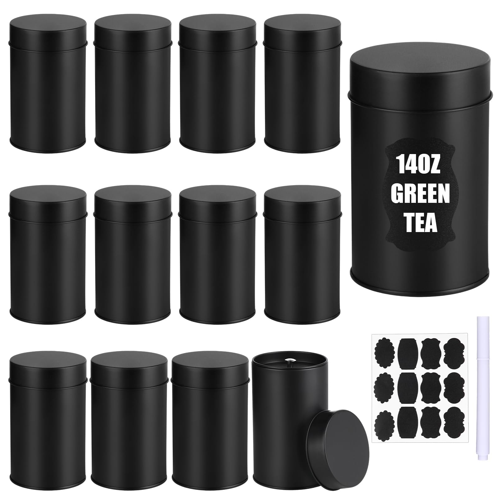 Photo 1 of 12Pcs Tea Tin Canisters with Airtight Double Lids, 14oz Round Black Metal Tea Tin Cans Sealed Small Kitchen Container Storage for Loose Leaf Tea Coffee Sugar Candy Spices