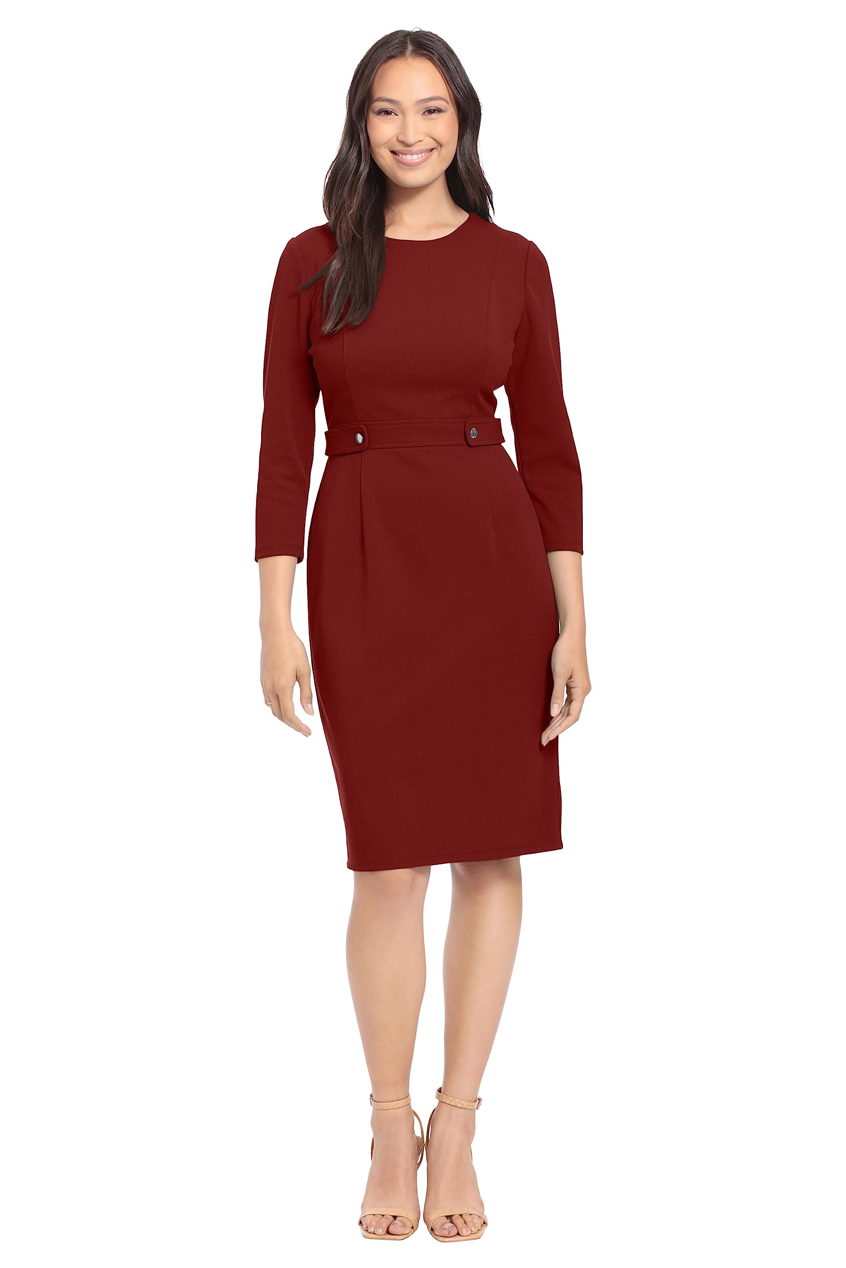 London Times Women’s Work Office Business Sheath Dress with Button Waist Detail, Zinfandel
