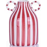 Red and White Ceramic Vase with Handle, Nordic Boho Small Vases Side Table Flower Centerpiece, Wide Mouth Single Flower Vase Pampas Grass Decorative - for Home Window Sill Living Dining Room Kitchen