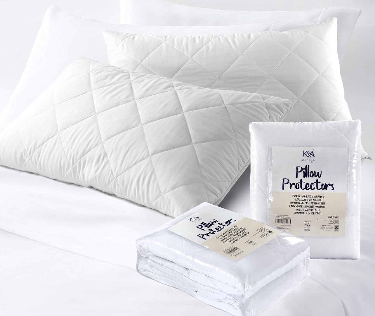 K&A® Quilted Pillow Protectors 4 Pack Zipped | Ultra Luxe, Soft, Noiseless and Breathable Microfiber Pillowcase Protectors | Hypoallergenic and Anti Dust Mite Pillow Protector | UK Standard 48x74 CM