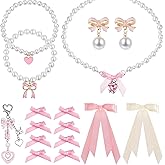 Liliaafar 26pcs Coquette Pink Jewelry Set for Women Pearl Choker Necklace Layered Bracelet Bows Earrings Pink Hair Bow Y2k Keychains Coquette Accessories Gift for Christmas Birthday Wedding Party