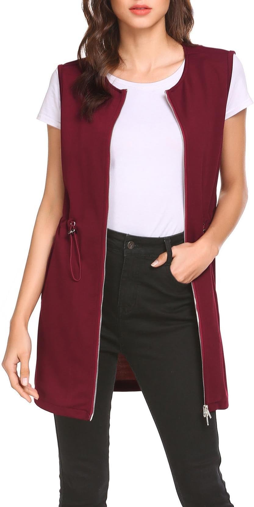 Pinspark Women's Long Sleeveless Zipper Vest Jacket Collarless Cardigan Blazer