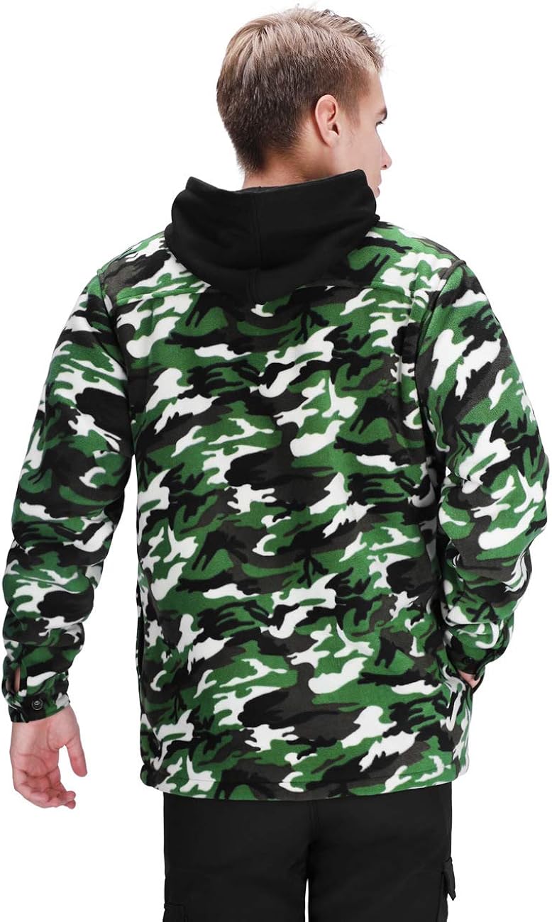 DISHANG Men's Hooded Fleece Jacket Warm Coat Full-Zip Military Army Camo Outerwear Tactical Outdoor Sweatshirts: Clothing
