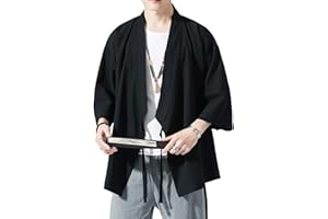 PRIJOUHE Men's Kimono Jackets Cardigan Lightweight Casual Cotton Blends Linen Seven Sleeves Open Front Coat Outwear