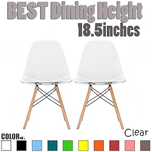 2xhome Set of 2 Clear Mid Century Modern Contemporary Vintage Molded Shell Designer Side Plastic Eiffel Chairs Wood Legs for Dining Room Living Office Conference DSW Desk Kitchen Comfortable