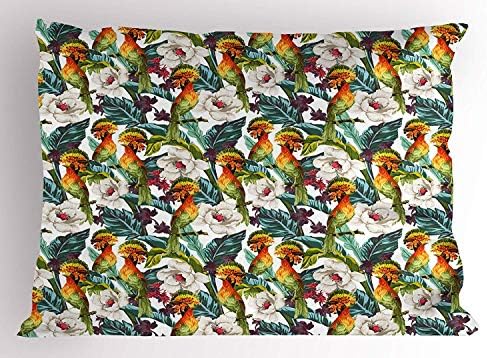 K0k2t0 Nature Pillow Sham, Tropical Birds of Paradise and Exotic Flowers Hibiscus Orchid Summertime Retro Art, Decorative Standard Queen Size Printed Pillowcase, 30 X 20 inches, Multicolor