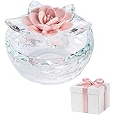 Dounx Crystal Jewelry Box for Women, Small Glass Trinket Jar with Lid, Clear Lotus Flower Storage Holder Elegant Organizer Dish for Ring, Earrings, Necklace, Gift (Pink Flower)