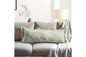 CPC COTTON PRINT CLUB CPC Emerald Green 100% Cotton Block Print Ruffle Sham Cover 14x36 inch, Handmade Boho Floral Pillowcase, Farmhouse Cottagecore Bedding, Soft Decorative Cushion Cover for Bedroom Décor