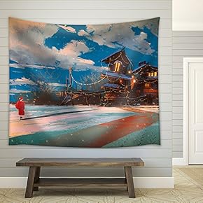 Illustration - Winter Landscape with Wooden House at Christmas Night,Illustration Painting - Fabric Wall Tapestry Home Decor - 51x60 inches