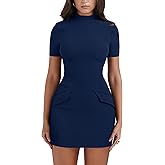 YMDUCH Women's Short Sleeve Mock Turtle Neck Bodycon Mini Tank Short Party Dress