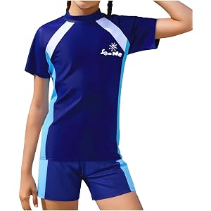 Cute Girls Swimsuits, Tween Kids Two-Piece Rashguard Swim Set Bathing Suits Beach Boyshort Shorts with Swim Shirts