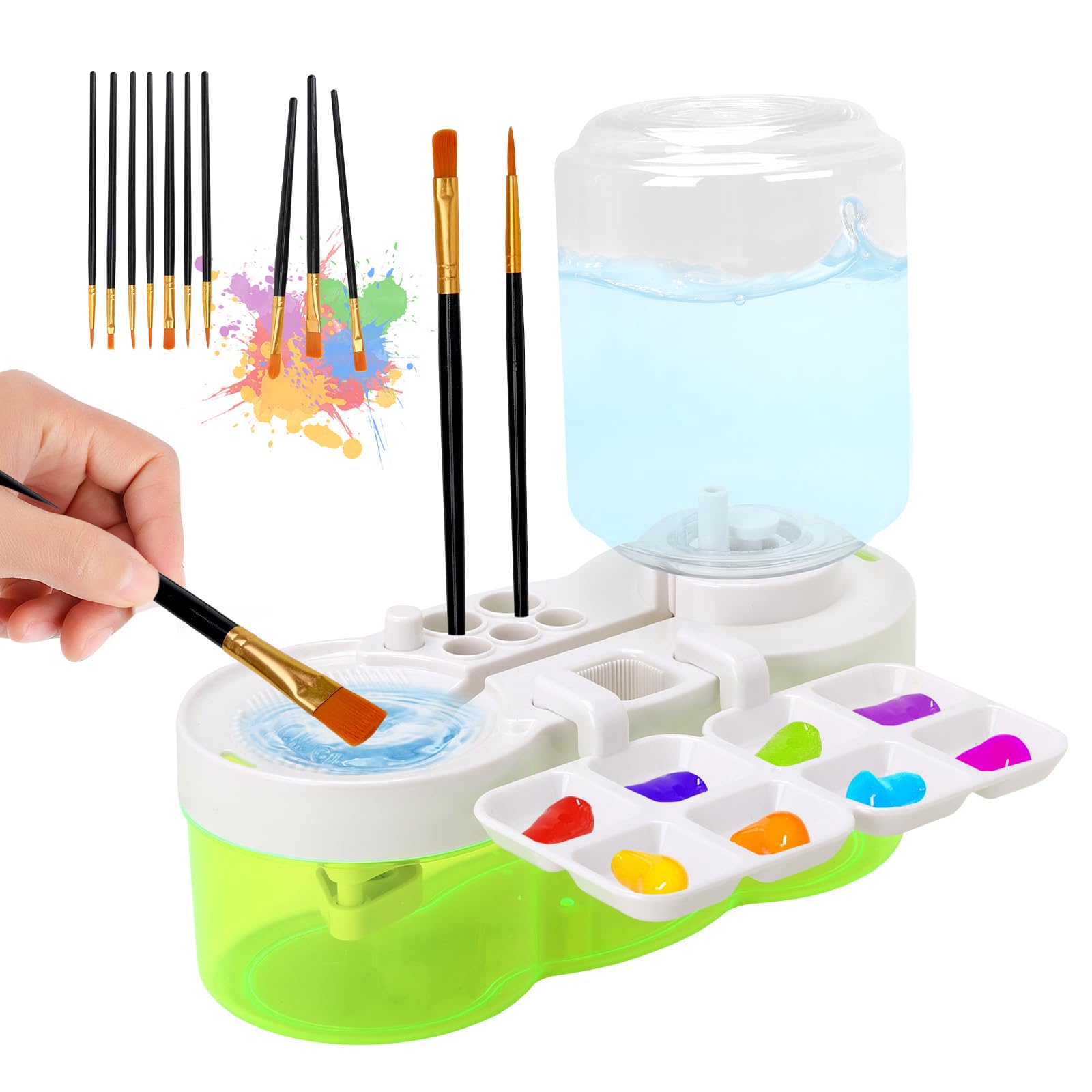 Foyucool Paint Brush Rinser, with 10 Brushes, Water Cycle Paint Brush Cleaner with Brush Holder and Palette, Washing Tool, for Acrylic, Watercolor and Water Based, Green