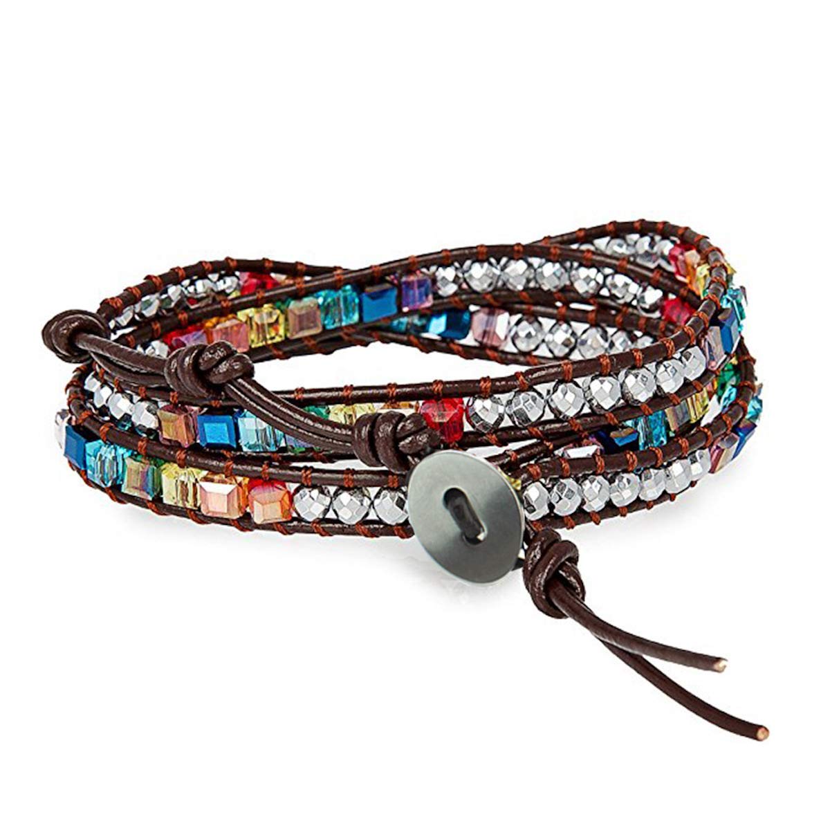 Fashion Jewelry Colorful Multilayer Crystal Gemstone Bracelet for Women - Bangle Hand-knitted Knot String Rope Leather & Bead Wrap Accessories, Red, One Size