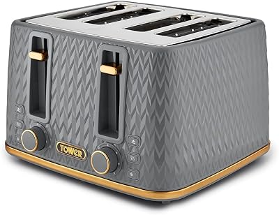 Tower Empire 4-Slice Toaster Grey Brass 1600W Defrost Reheat Removable Trays