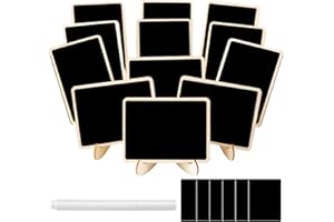 JEFURE 12 Pcs Rectangle Mini Chalkboard Signs, Small Chalkboard Labels with Easel Stand, Wooden Blackboard for Table Numbers, Food Signs, Wedding Signs, Place Cards and Party, 1 Liquid Chalk