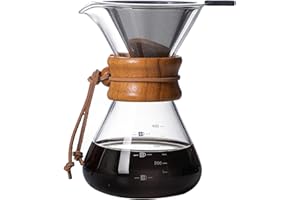COFISUKI Pour Over Coffee Maker with Reusable Stainless Steel Drip Filter, Lead-Free Borosilicate Glass Coffee Carafe with Modern Wooden Collar for 1-2Cup, Circular Clear (400ml/13.5oz)