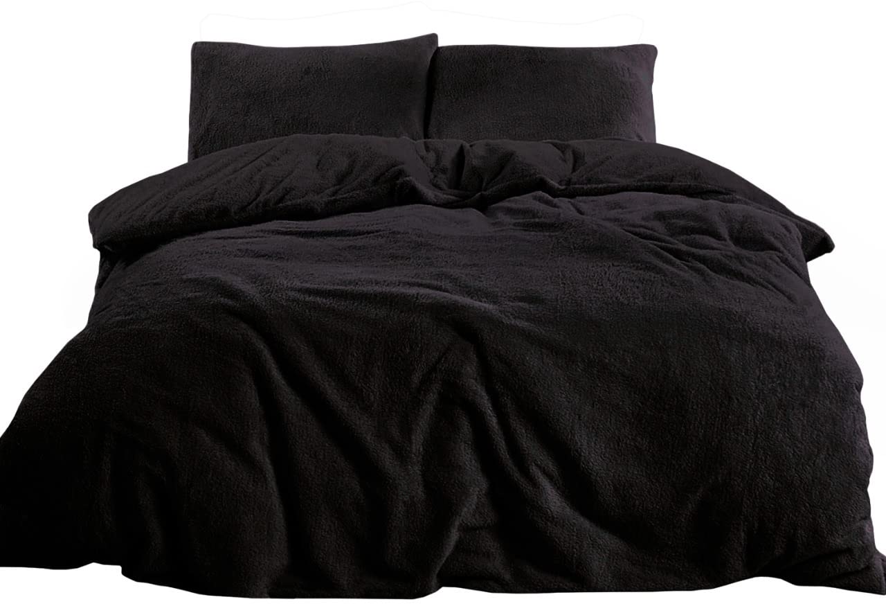 RAYYAN Linen Teddy Fleece Duvet Cover Bedding Set Thermal Warm Cosy Soft Fur Quilt Cover Bedding Set with Pillowcase(s) (Black, SUPER KING)