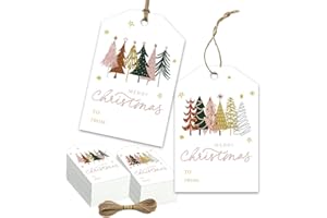 GREHUMOR 50Pcs Christmas Gift Tags with Hemp Rope Christmas Paper Gift Tags Holiday Hang Name Tags Label Watercolor Plants Wishes Labels Xmas Gift Favor Tags for Xmas Party Decor (50, Rectangular)
