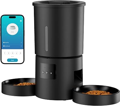 Distributore Automatico Cibo Gatti 2 Ciotole: 5L Distributore Automatico Cibo Cane con Timer WiFi 2.4G per Crocchette - Design Doppia Ciotola per Famiglie con Più Gatti & Cani - Nero