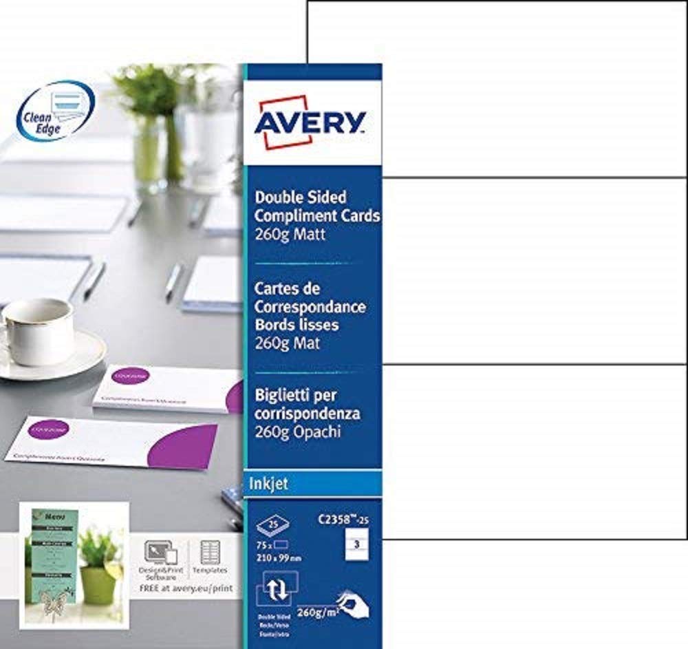 Avery C2358-25 Printable Customisable Double-Sided Compliment Cards, 3 Cards Per A4 Sheet, White