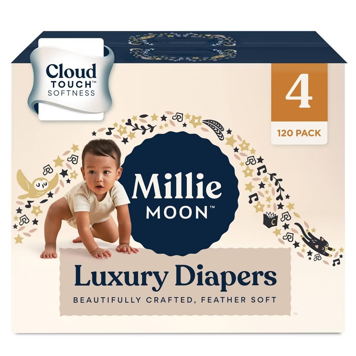 millie moon luxury diapers, size 4 (22-33lbs), 120 count, up to 12 hour absorbency, double leak guard and wetness indicator