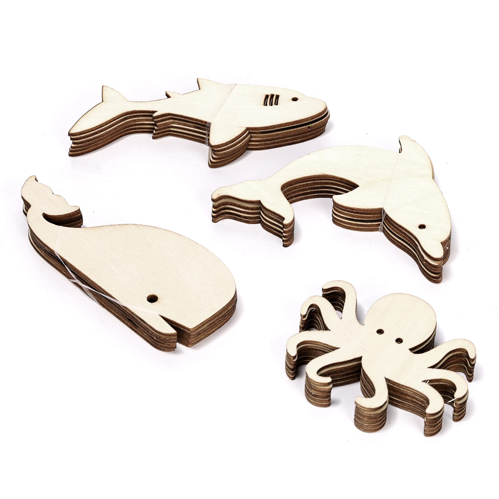 24Pcs Sea Animal Wooden Craft Decorations for DIY Gift Tags, Hand Coloring Kids, Holiday Party, Create Hanging Ornaments