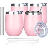MEZMUT 12 Oz Insulated Wine Tumbler with Lid Double Wall Vacuum Stainless Steel Wine Glass Coffee Mug Insulated Tumbler Cup for Champaign, Cocktail, Beer (Pink, 4 Pack)