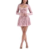 QNI Sexy Corset Dress Lace Strap Dress Floral Dress Long Bell Sleeve Cover Up Skater Dresses Cocktail Dresses (Pink,Small)