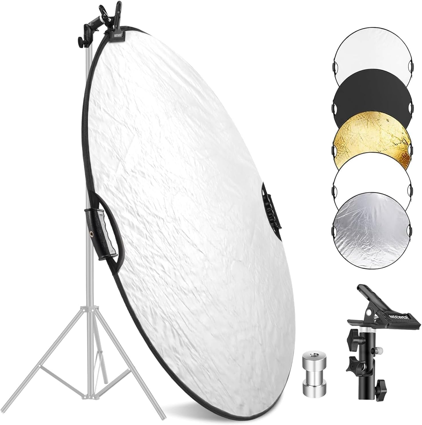 NEEWER 22"/56cm Light Reflector with Clamp & Hand Grips, 5 In 1 Collapsible Multi Disc Photography Reflector Translucent/Silver/Gold/White/Black with 3/8" Thread for Studio Outdoor Lighting, RF-56II