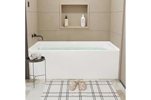 ELITEEDGE 60"x30" Acrylic Alcove Bathtub with Integral Apron - Left Drain & Brushed Nickel Pop-Up Drain - Glossy White Deep Soak Tub