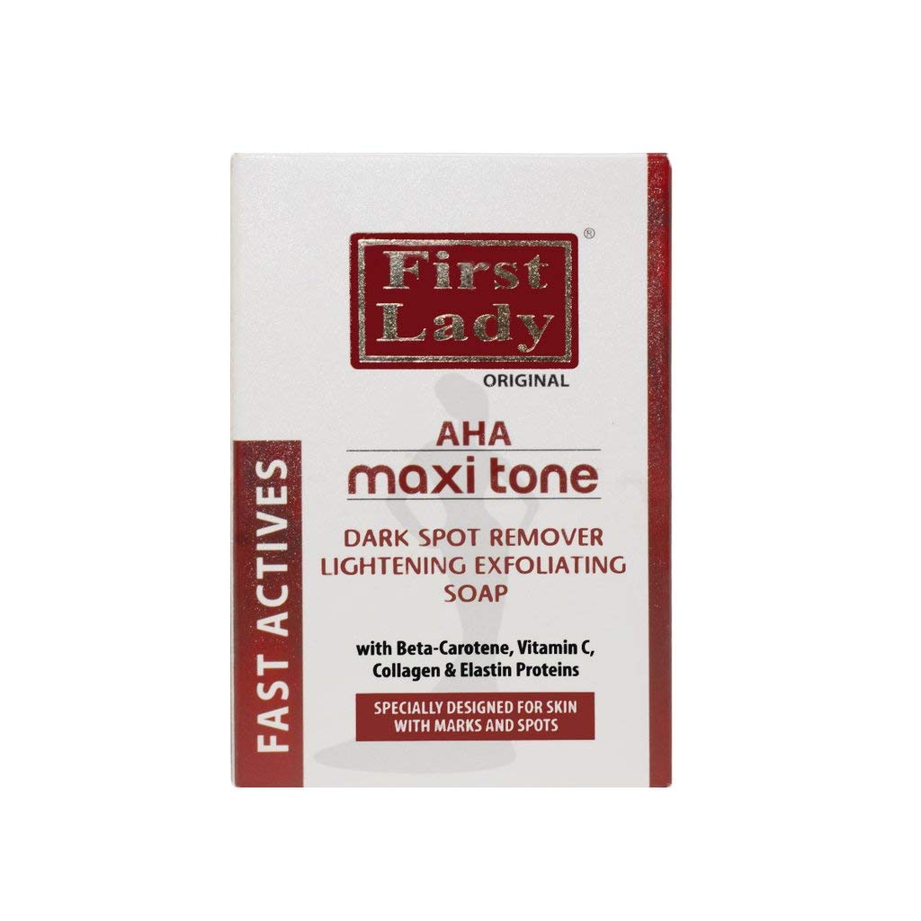 First Lady AHA Maxi Tone Dark Spot Remover Skin Brightening Exfoliating Soap 200g - with Beta-Carotene, Vitamin C, Collagen & Elastin Proteins, Pigmentation, Melanin