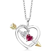 Gem Stone King 925 Silver and 10K Yellow Gold Lab Grown Diamond and Red Created Ruby Pendant Necklace for Women | 1.08 Cttw | Gemstone April Birthstone | Heart Shape 5MM | With 18 Inch Chain