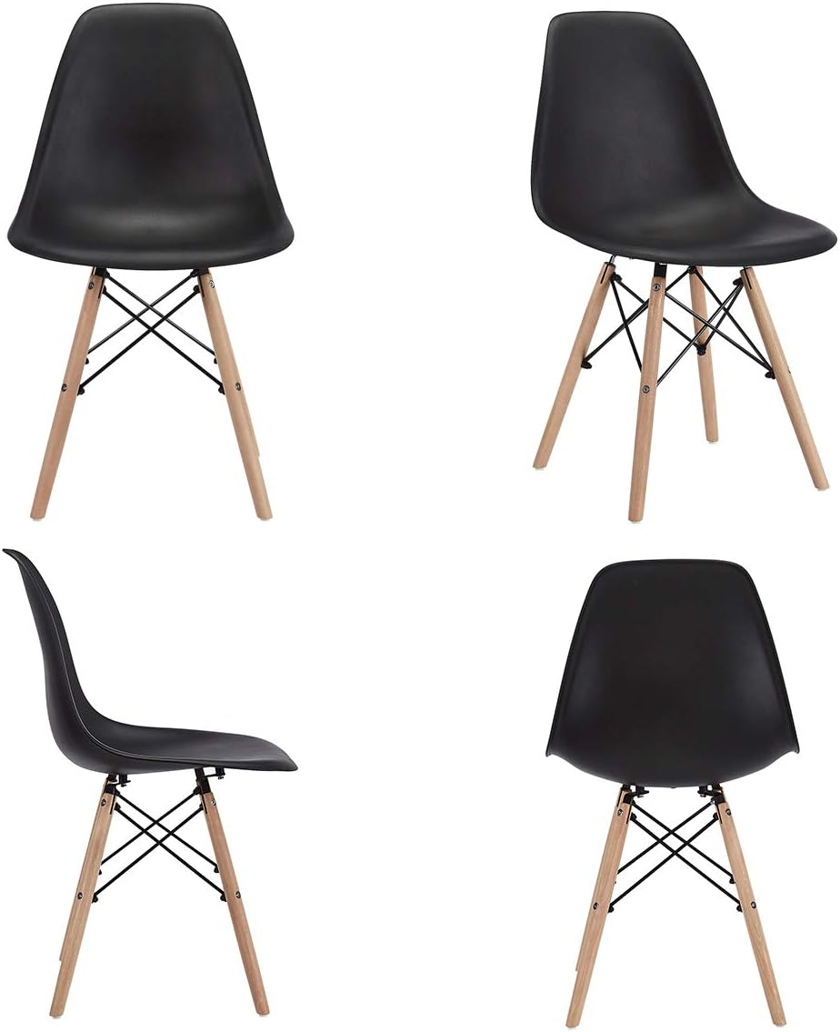 CangLong Modern Mid-Century Shell Lounge Plastic DSW Natural Wooden Legs for Kitchen, Dining, Bedroom, Living Room Side Chairs, Set of 4, Black: Furniture & Decor