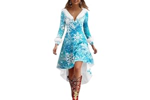 hlysgo Christmas Dresses for Women Faux Fur Trim Funny Xmas Pattern Long Sleeve Midi Dress Sexy V Neck High Low Flowy Dress