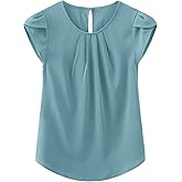 TASAMO Women's Casual Round Neck Basic Pleated Top Cap Sleeve Curved Keyhole Back Chiffon Blouse