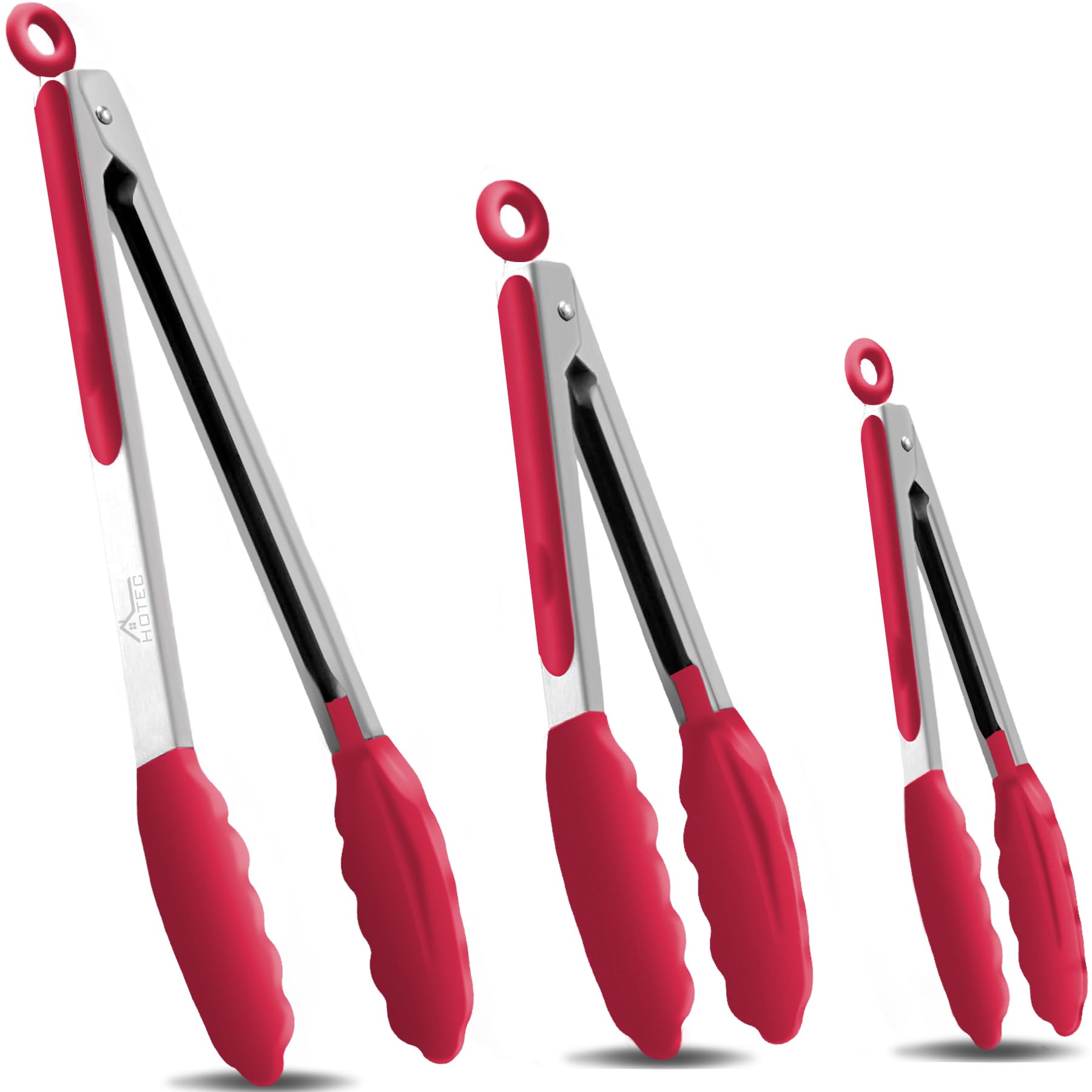 Photo 1 of HOTEC Premium Stainless Steel Locking Kitchen Tongs with Silicon Tips, Set of 3-7", 9" and 12" (Red)