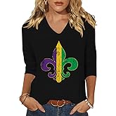 Mardi Gras Shirt for Women Fat Tuesday V Neck Tshirts New Orleans Carnival Party 3/4 Sleeve Holiday Tees Tops