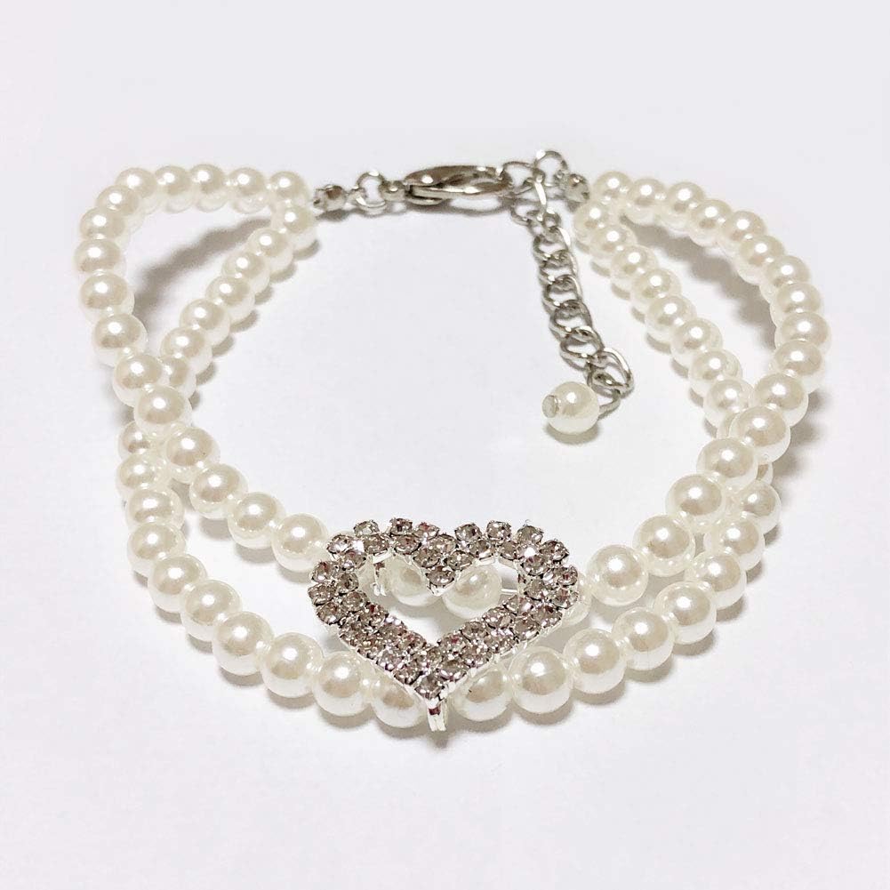 PetFavorites 2 Rows Dog Pearls Necklace Collar for Small Dogs Girl - Bling Cat Wedding Collar Pet Jewelry with Rhinestone Heart Charm - Female Chihuahua Yorkie Clothes Costume Outfits Accessories