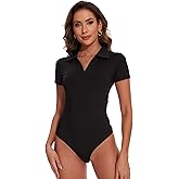 SHAPERIN Women Long Sleeve Bodysuit V Neck Polo T-shirt Basic Top Collared Body Suit Jumpsuit
