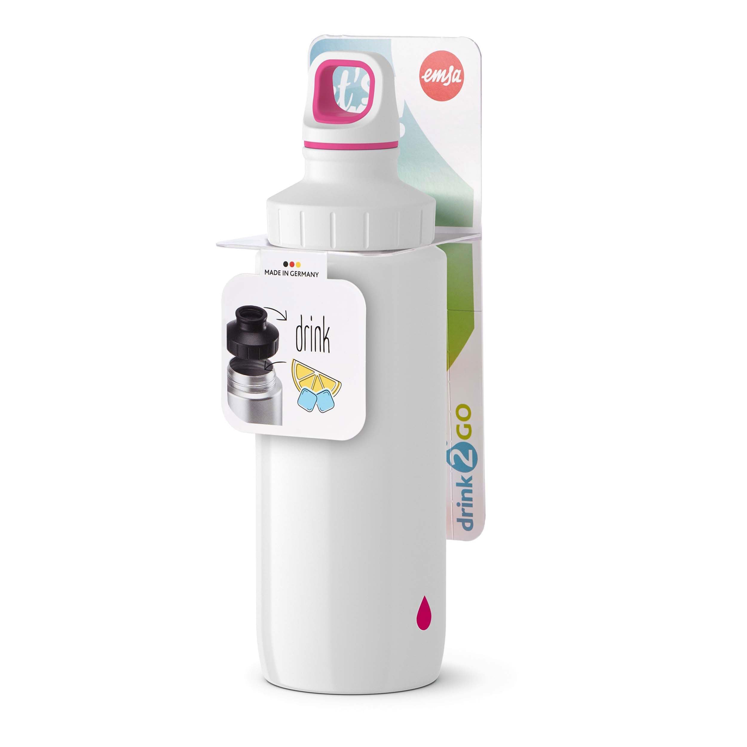 Emsa 518354 Drink2Go Light Steel Drinking Bottle 0.6 L Stainless Steel Screw Cap 100% Leak-Proof and Dishwasher Safe Drop Pink