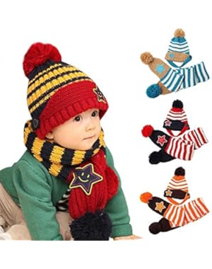 Baby Stripe Hat Scarf Set- Kids Stars Winter Warm Knitted Wool Pompons Earflap Hat and Knit Scarf Set