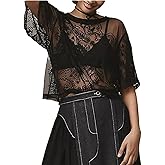 Women's Sexy Lace Mesh Tops Short Sleeve Round Neck Floral Embroidered Sheer Blouse See Through Layering Shirt Tops