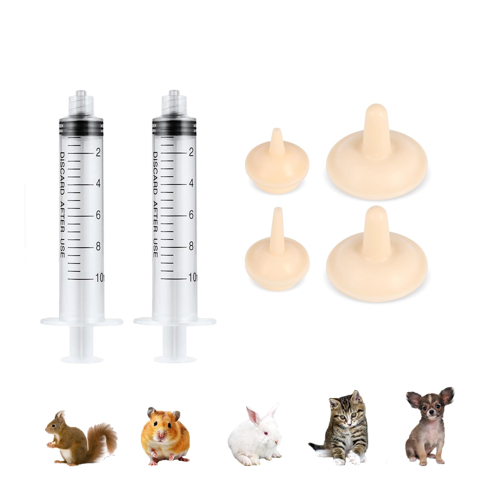 Photo 1 of YIBIKEHO Pet Feeder Syringe, Newborn Animal Feeder Syringe Pet Feeding Nursing Syringe Silicone Feeding Pacifier,Pet Feeding Nipple for Kitten and Puppy (2x10ml Feeder &1S+1M+2L Nipples)