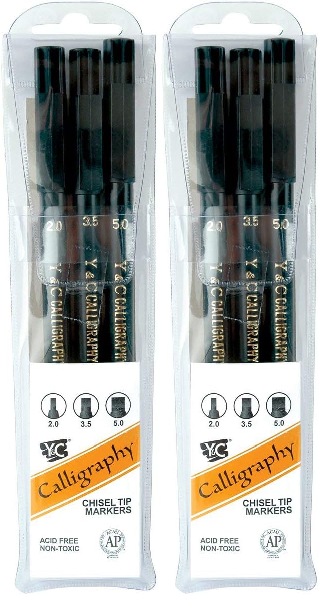 Yasutomo Y and C Water Based Calligraphy Markers, Chisel Tip, Assorted Sizes, Black, Pack of 3-443609 (Тwo Рack)