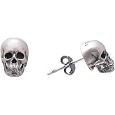Paialco Sterling Silver Antiqued Skull Stud Earrings for Men Women, Cool Mens Earrings Hypoallergenic