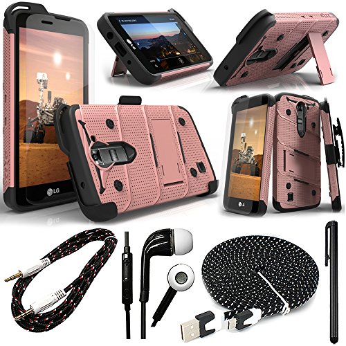 LG Premier LTE Zizo Bolt Military Grade Tough Impact Resistant Kickstand Cover Case w/ Tempered Glass Screen Protector & 360Â° Holster Clip + 4 Piece Accessory Kit (5 Item Bundle â€“ Bolt-Rose Gold)