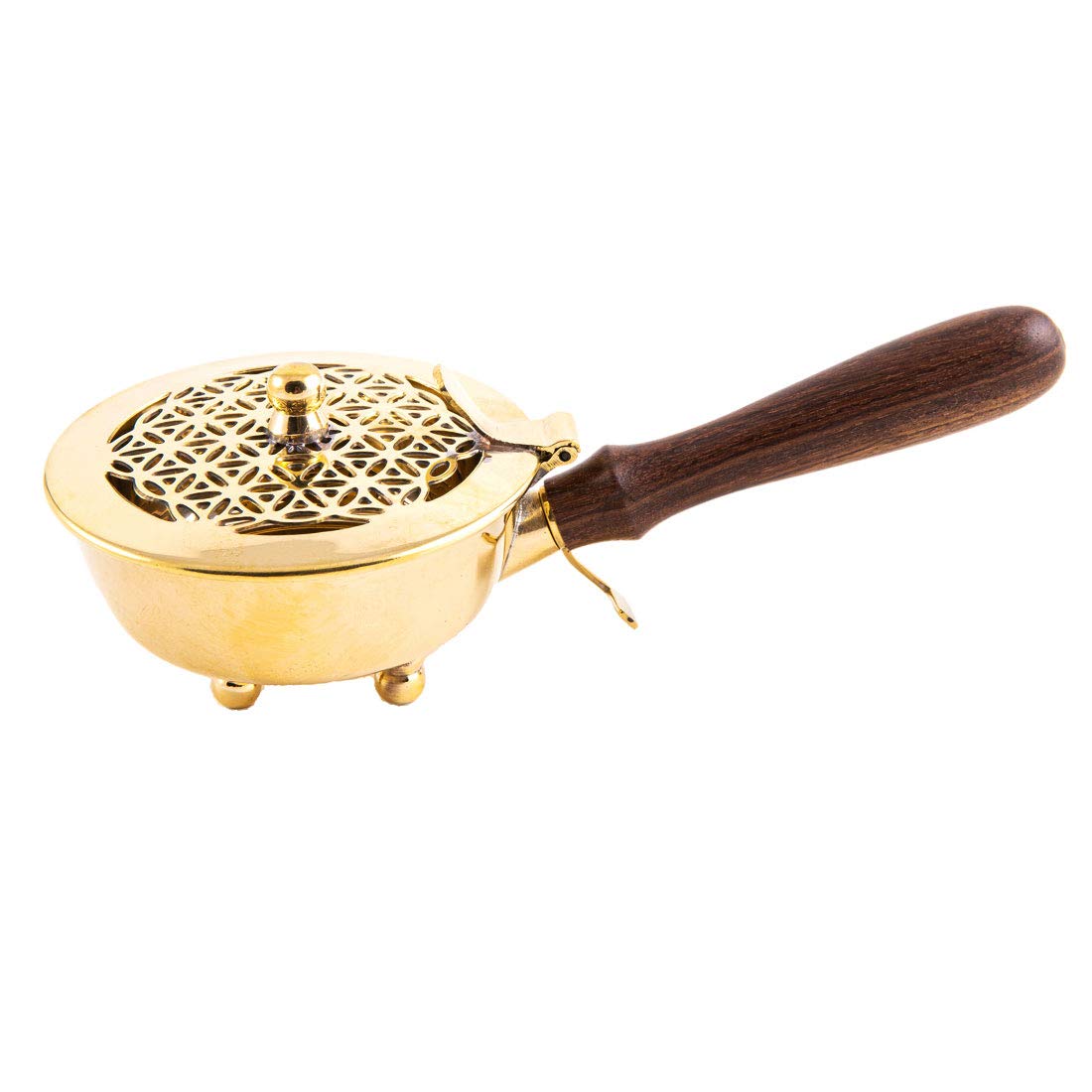 NKlaus Incense burner brass gold with wooden handle L: 20cm Flower of life for incense and resins Carrying vessel operating mode incense charcoal of sand 4020
