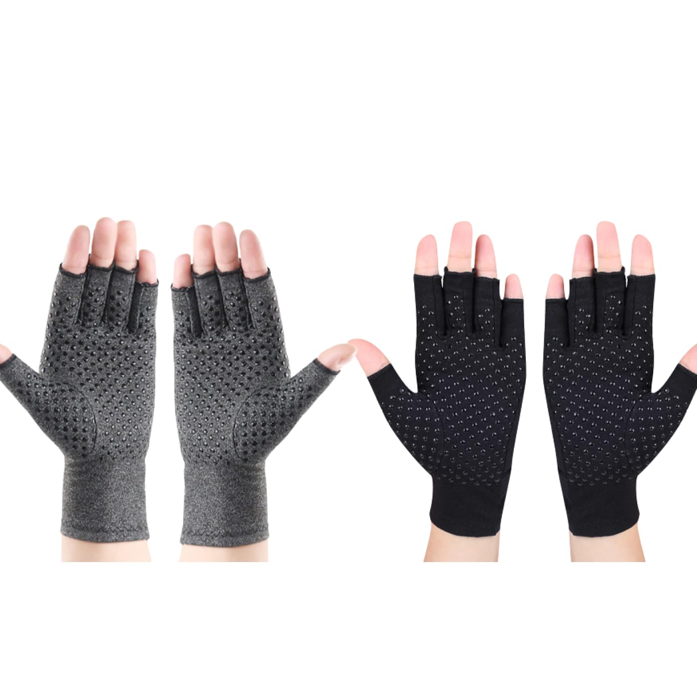 Atan 2Pairs Anti-Slip Fingerless Ultimate Relief Arthritis Compression Gloves with Silicone Dots | Therapeutic Wrist Support for Pain Relief, Hand Fatigue & Rheumatoid | 1Pair Black & 1Pair Grey (L)